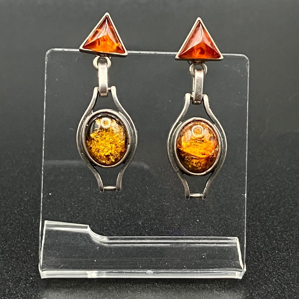 Sterling Silver Two Tone Amber Dangle Earrings Geometric - Picture 2 of 6